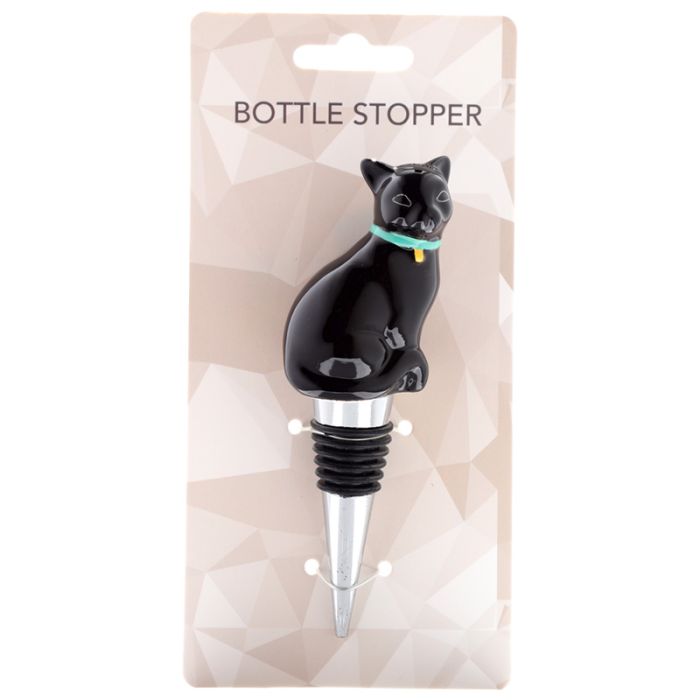 Tapón de Botella de Vino Reutilizable Gato Negro de Cerámica