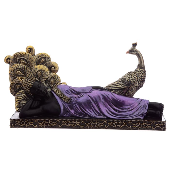 Figura de Buda Tailandés con Pavo Real Negro y Morado