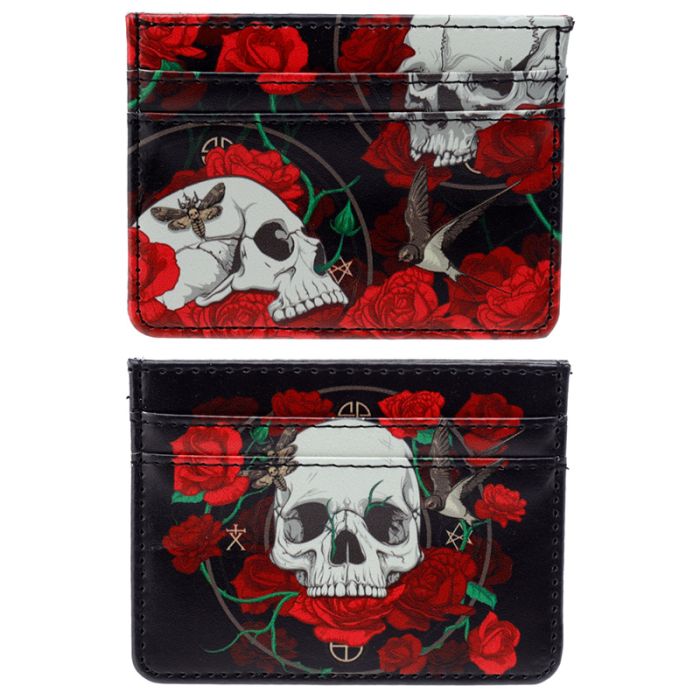 Tarjetero con Protección RFID Contacless de Tela Calavera y Rosas