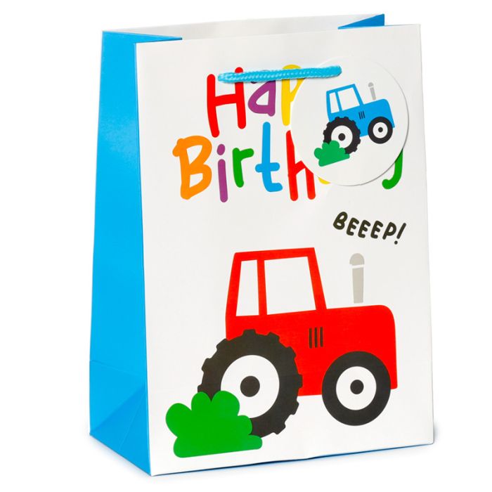 Bolsa de Regalo Feliz Cumpleaños Pequeño Tractor Mediana