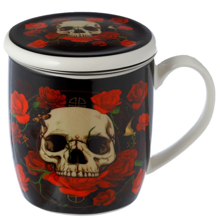 Taza con Tapa para Infusiones de Porcelana Calavera y Rosas