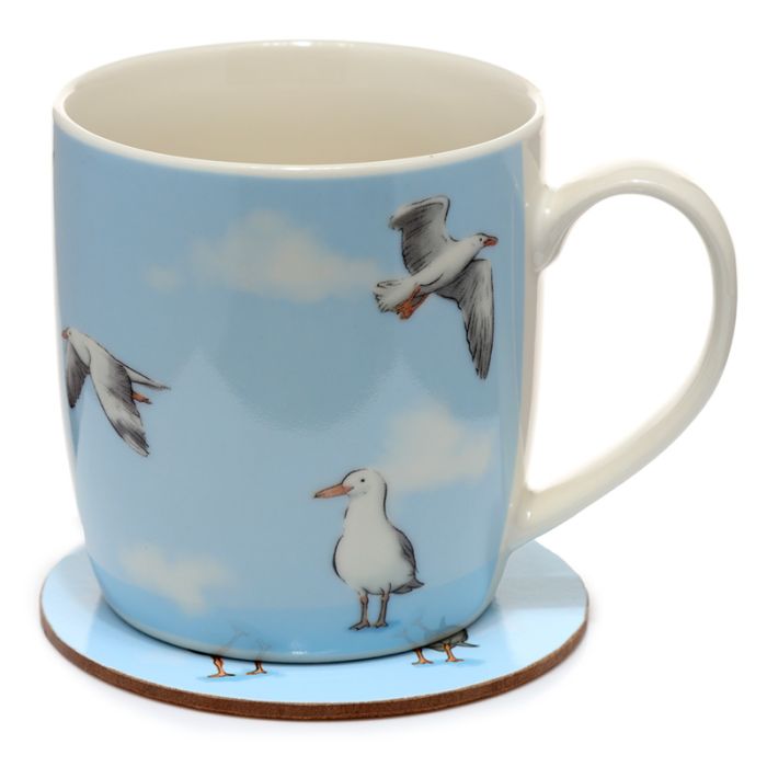 Taza de Porcelana y Posavasos Gaviotas del Puerto