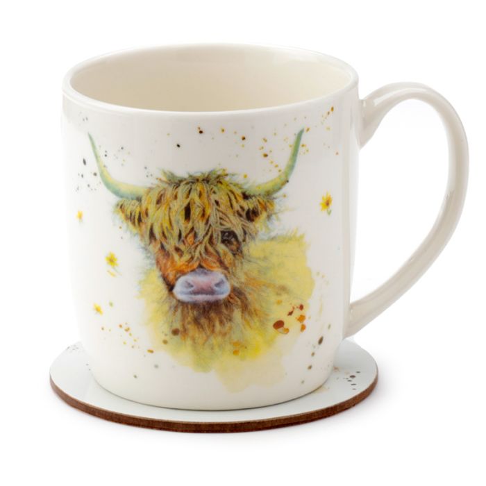 Taza de Porcelana y Posavasos Vaca Escocesa de las Highlands Coo Jan Pashley