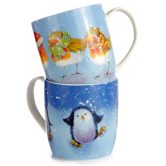 Set de 2 Tazas Navidad Jan Pashley Petirrojo y Pingüinos Patinadores