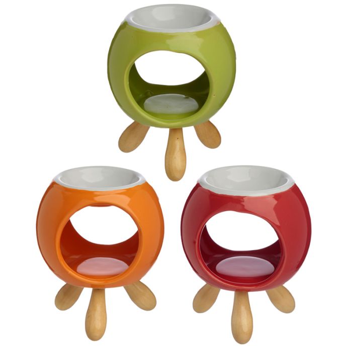 Quemador de Aceite de Cerámica Eden Redondo Colores Vivos y Pie de Madera