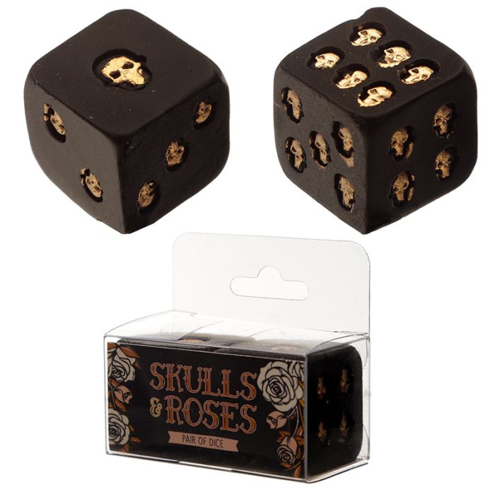 Juego de Dados Calavera y Rosas en Negro y Dorado Pack de 2