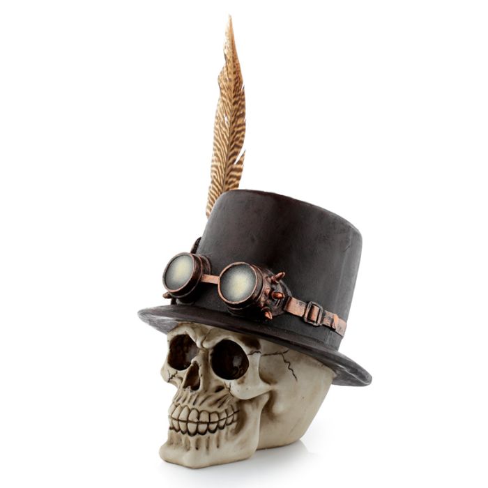 Figura Calavera Calavera Decorativa Estilo Steampunk con Sombrero de Pluma
