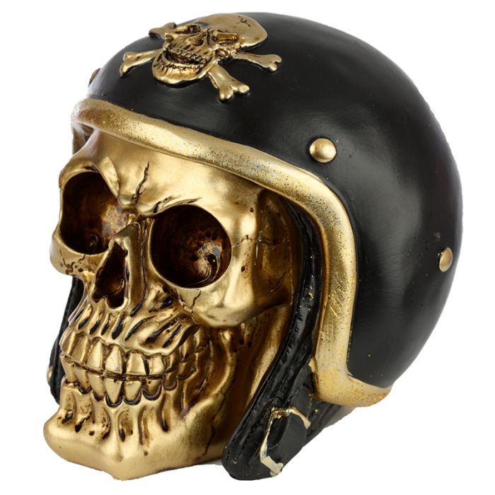 Figura Calavera Calavera Decorativa Dorada con Casco de Moto