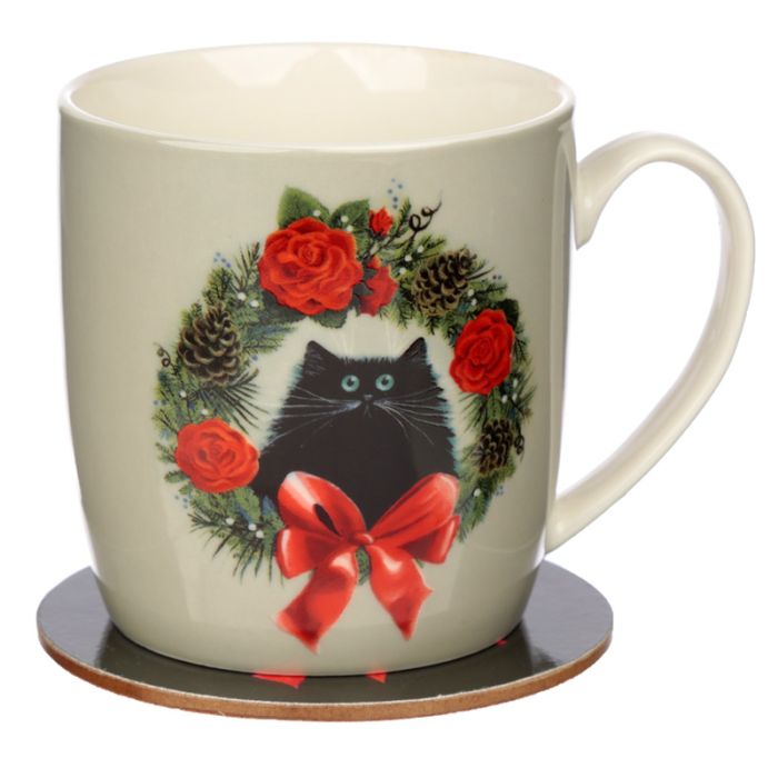 Taza de Porcelana y Posavasos Navidad Kim Haskins Gato y Corona de Flores