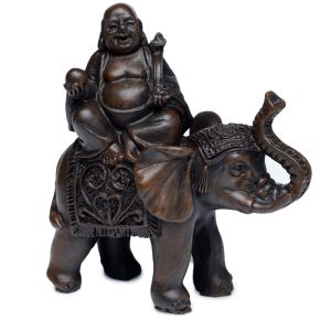 Figura de Buda Paz Oriental Buda de la Suerte en Elefante Efecto Madera Figura de Buda Paz Oriental Buda de la Suerte en Elefante Efecto Madera