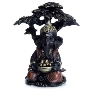 Figura Ganesh Negro y Dorado Sentado Bajo el Árbol Figura Ganesh Negro y Dorado Sentado Bajo el Árbol