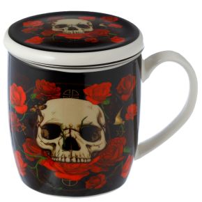 Taza con Tapa para Infusiones de Porcelana Calavera y Rosas Taza con Tapa para Infusiones de Porcelana Calavera y Rosas