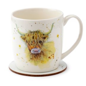 Taza de Porcelana y Posavasos Vaca Escocesa de las Highlands Coo Jan Pashley Taza de Porcelana y Posavasos Vaca Escocesa de las Highlands Coo Jan Pashley