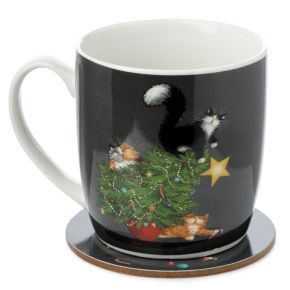 Taza de Porcelana y Posavasos Navidad Árbol de Navidad y Gatos Kim Haskins Taza de Porcelana y Posavasos Navidad Árbol de Navidad y Gatos Kim Haskins